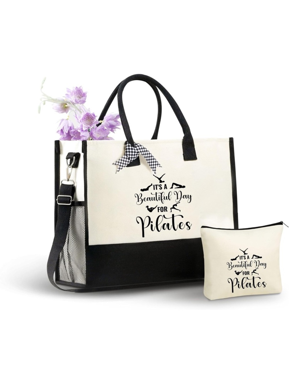 NWT - Canvas Pilates Tote Bag with Matching Pouch - Black & Cream